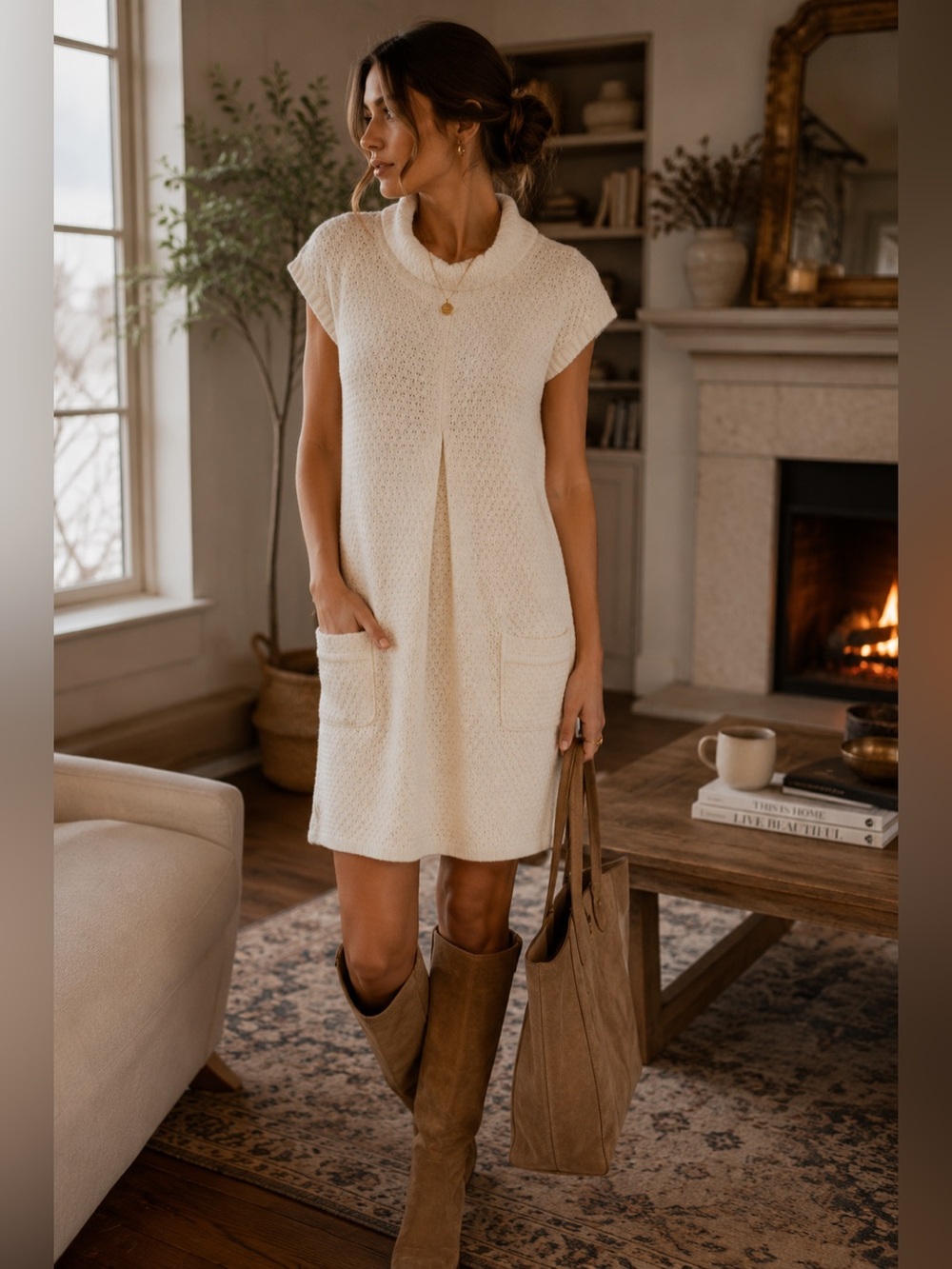 Fossil Cream Knit Sweater Dress Minimalist Cozy Neutral Pocket Dress Small
